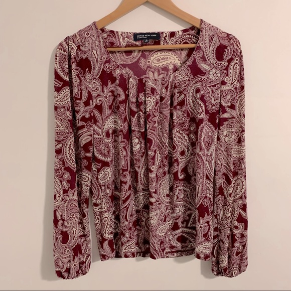 VINTAGE | Pleated Paisley Puff Long Sleeve Blouse Crewneck Shirt Top - Picture 2 of 5
